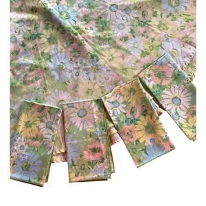Vintage MCM 60s Floral Round Tablecloth 4 Cloth Napkins Green Yellow Pink Blue